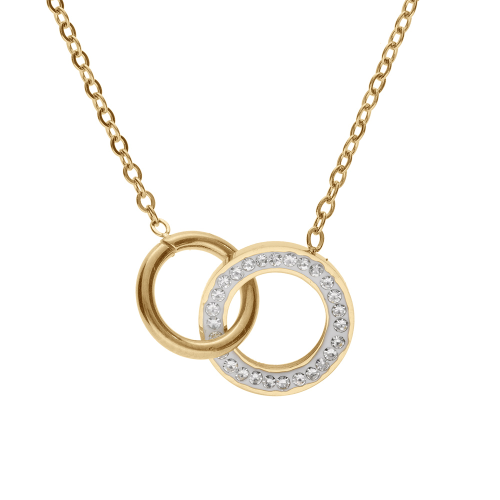 Collier en acier PVD dor� double cercle entrelac�s r�sine et strass blancs 41+5cm - Vue 1