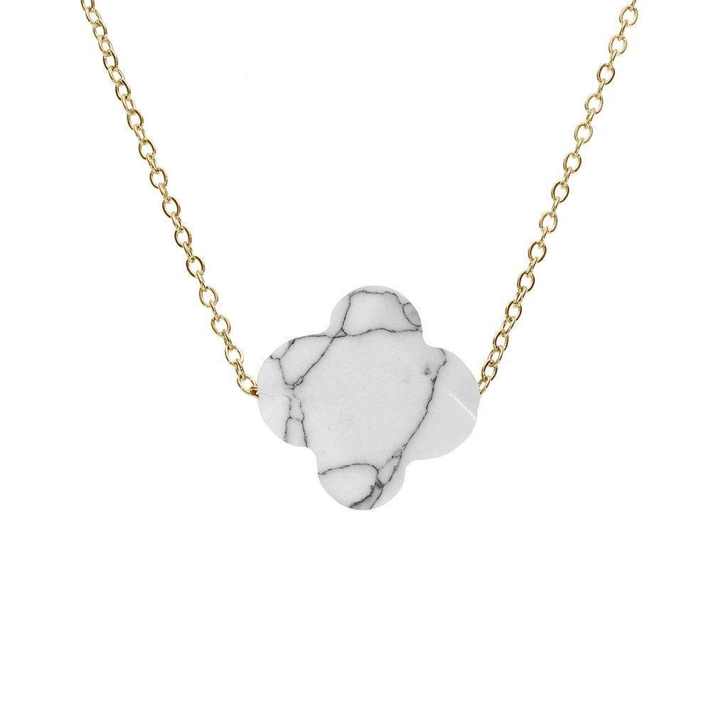 Collier en acier PVD dor� motif pierre imitation facet� blanc marbre 40+5cm - Vue 1