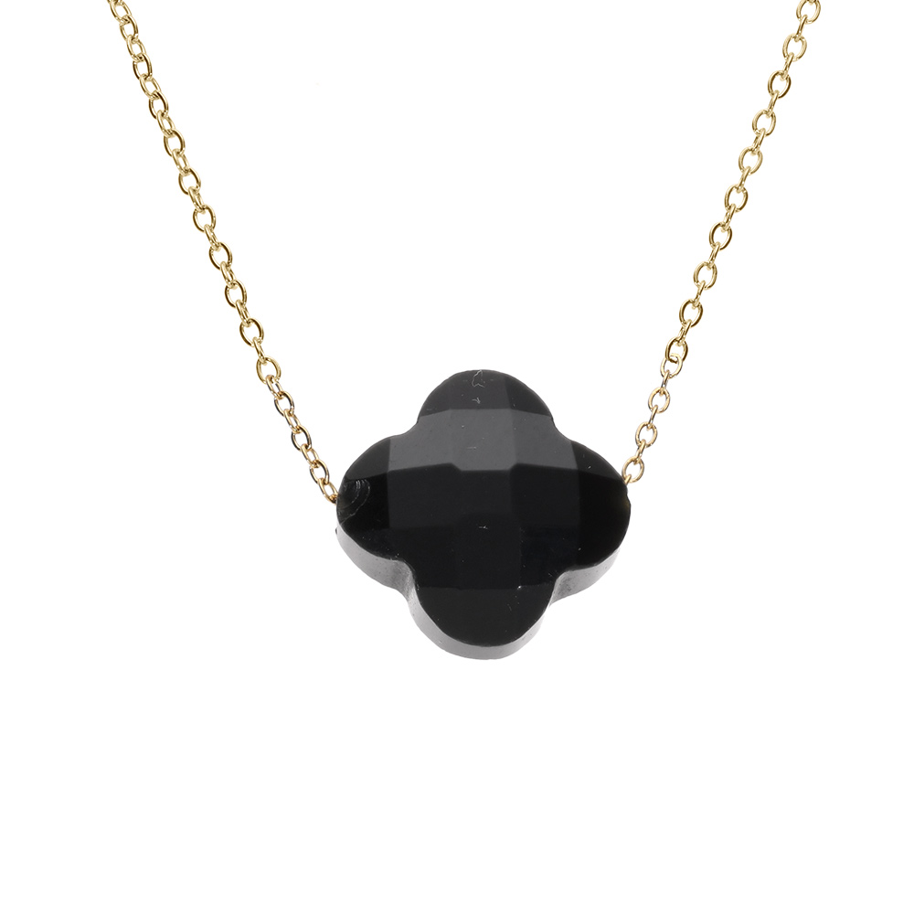 Collier en acier PVD dor� motif pierre imitation facet� noire 40+5cm - Vue 1