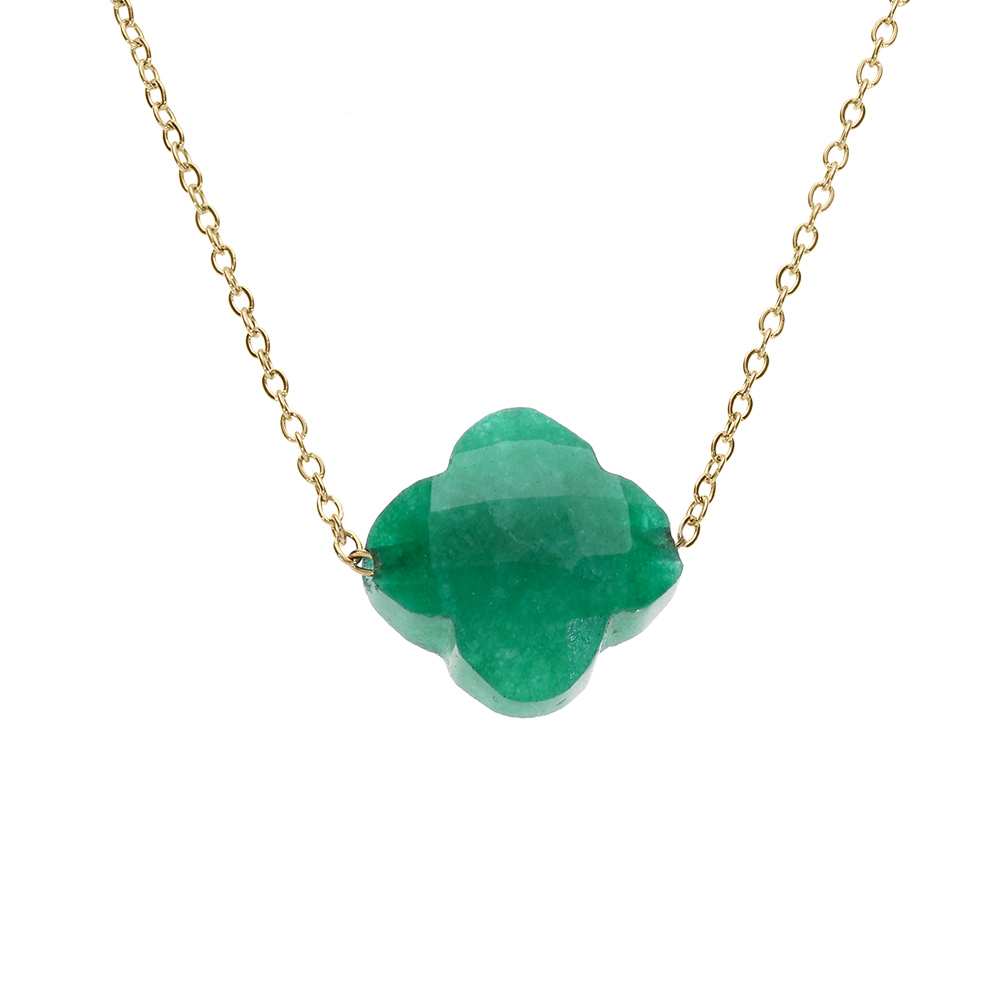 Collier en acier PVD dor� motif pierre imitation facet� verte 40+5cm - Vue 1