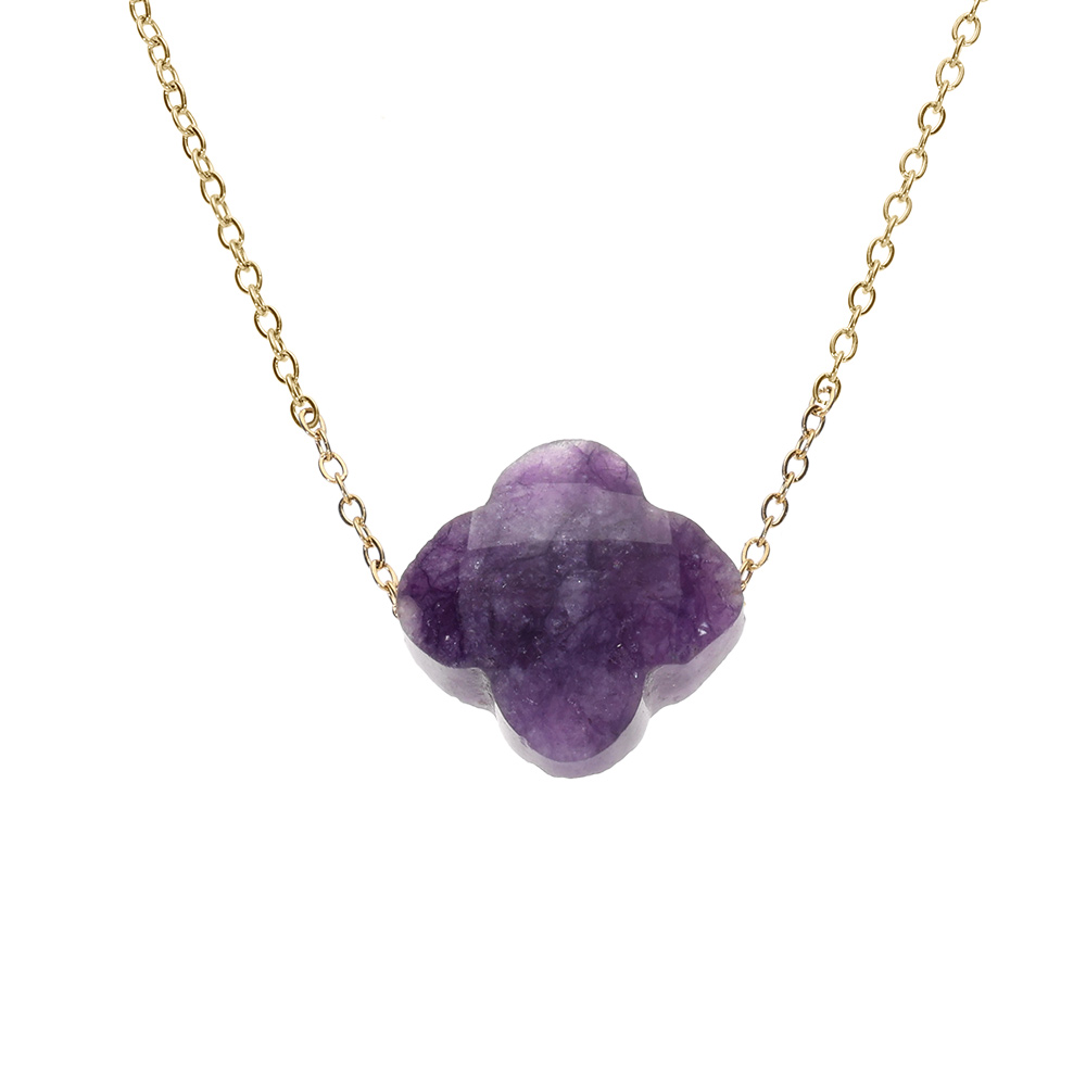Collier en acier PVD dor� motif pierre imitation facet� violette 40+5cm - Vue 1