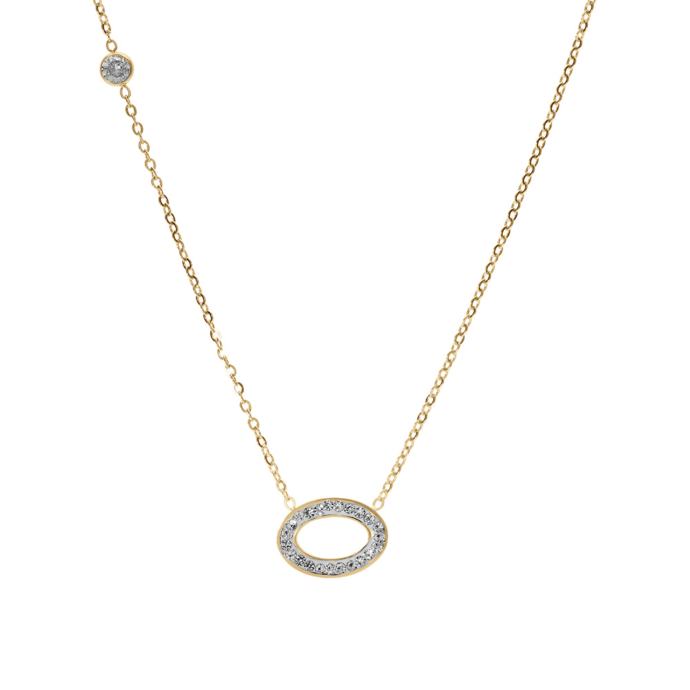 Collier Pendentif Doré Vieilli - Ovale En Verre Bleu Et Blanc Bicolore, Modèle SB22, Neuf Sans Emballage