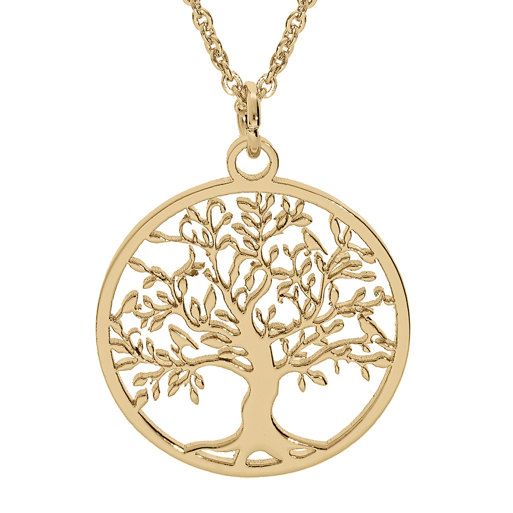 Collier en acier PVD dor� pendentif rond arbre de vie decoup� 25mm 40+5cm - Vue 1