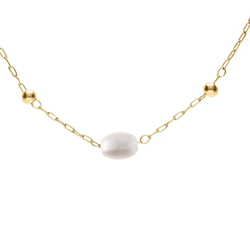 Collier en acier PVD dor� perles blanches ovales imitation 44+5cm - Vue 1