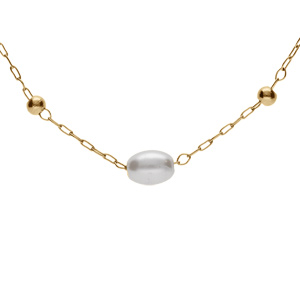 Collier en acier PVD dor perles blanches ovales imitation 44+5cm - Vue 1