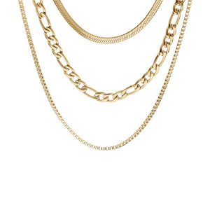 Collier en acier PVD jaune 3 chaînes avec 3 maillages différents longueur 38+5cm - Vue 1