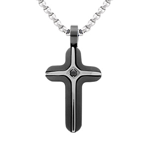 Collier en acier PVD noir croix 25mm un oxyde bleu - 45+6cm