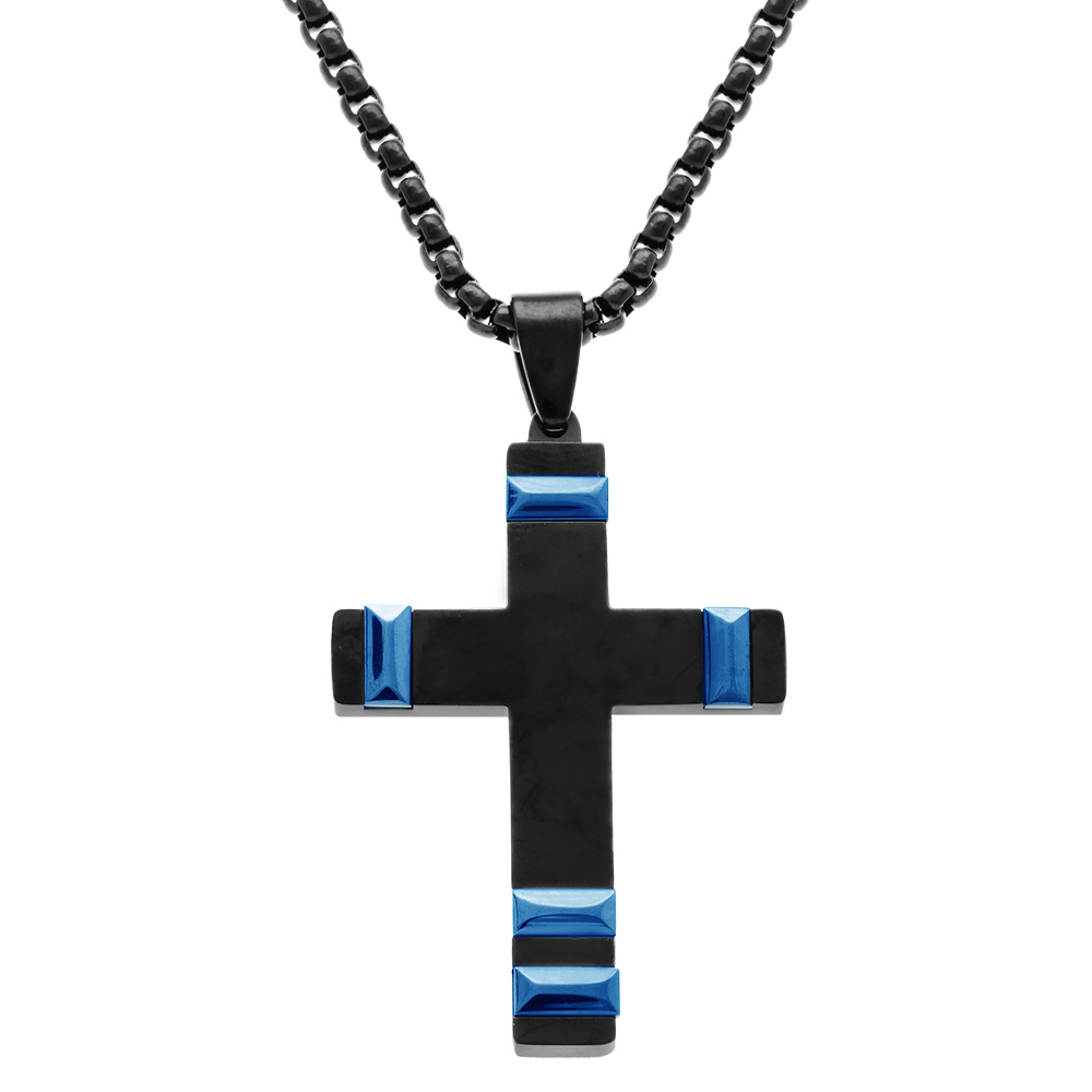 Collier en acier PVD noir pendentif croix 40x28mm avec motif bleu  - 50+10cm - Vue 1