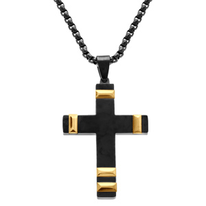 Collier en acier PVD noir pendentif croix 40x28mm avec motif dor  - 50+10cm - Vue 1
