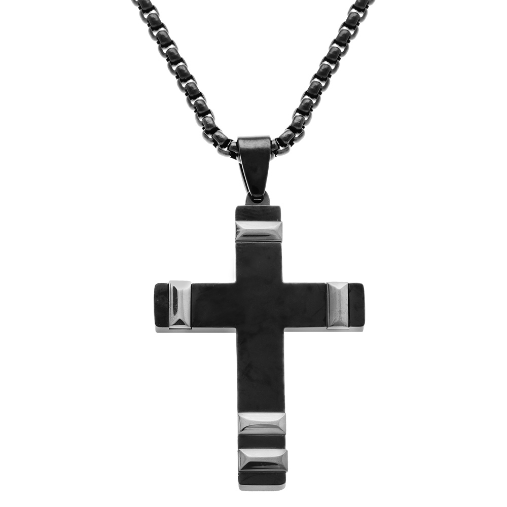 Collier en acier PVD noir pendentif croix 40x28mm avec motif gris    - 50+10cm - Vue 1
