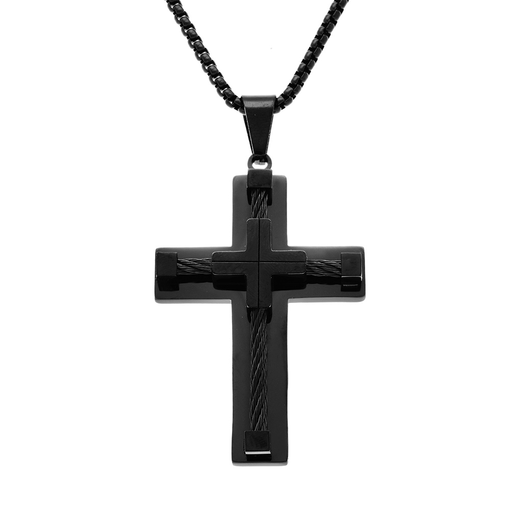 Collier en acier PVD noir pendentif croix 55x40mm avec cble noir  -  55+10cm - Vue 1
