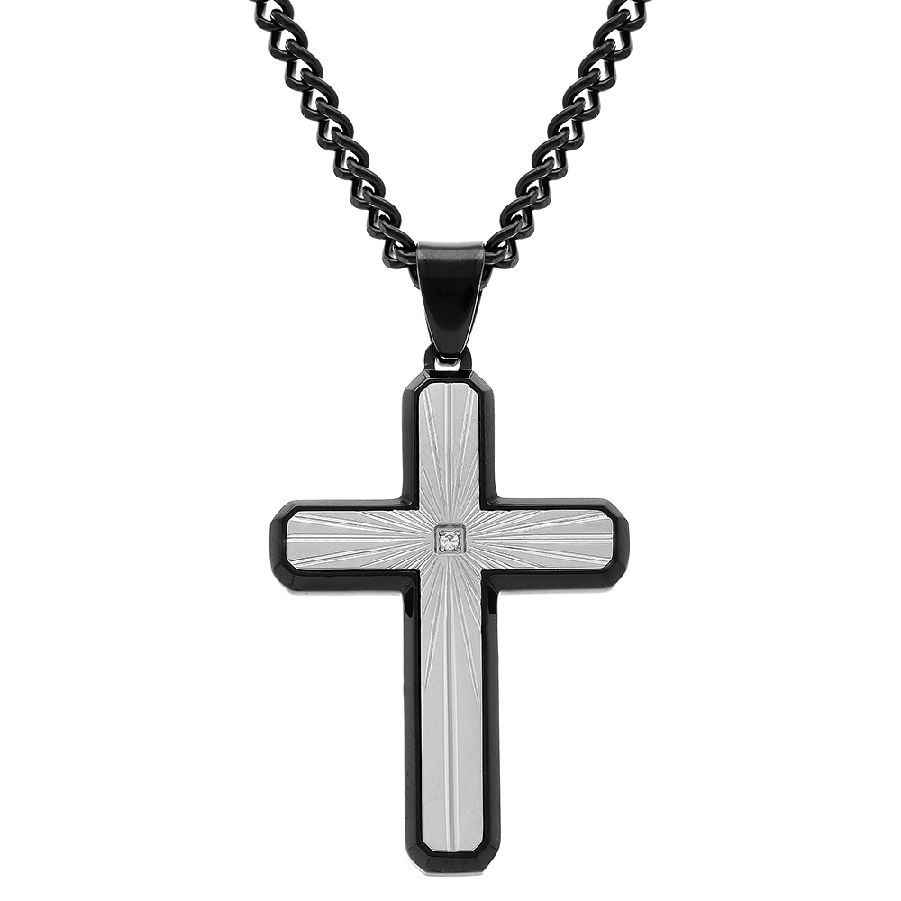Collier en acier PVD noir pendentif croix acier gris stri� 38x26mm et contour PVD noir avec oxyde blanc  - 50+10cm - Vue 1
