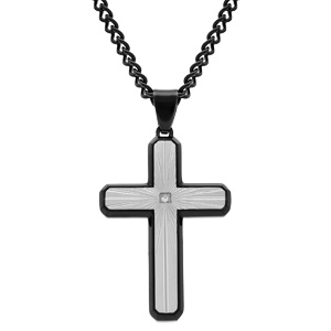 Collier en acier PVD noir pendentif croix acier gris strié 38x26mm et contour PVD noir avec oxyde blanc - 50+10cm - Vue 1