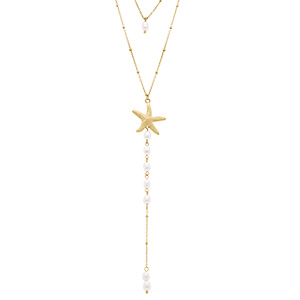 Collier en acier 3 rangs avec etoile de mer et perles blanches imitation - 43+5cm (53+5cm) Collier en acier 3 rangs avec etoile de mer et perles blanches imitation - 43+5cm (53+5cm)