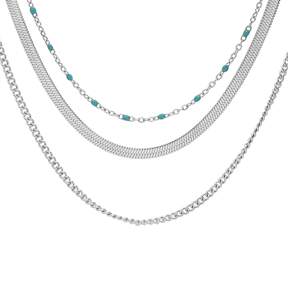 Collier en acier 3 rangs avec perles couleur turquoise de synth�se 42+4cm - Vue 1