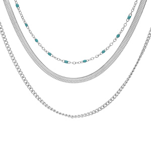 Collier en acier 3 rangs avec perles couleur turquoise de synthse 42+4cm - Vue 1