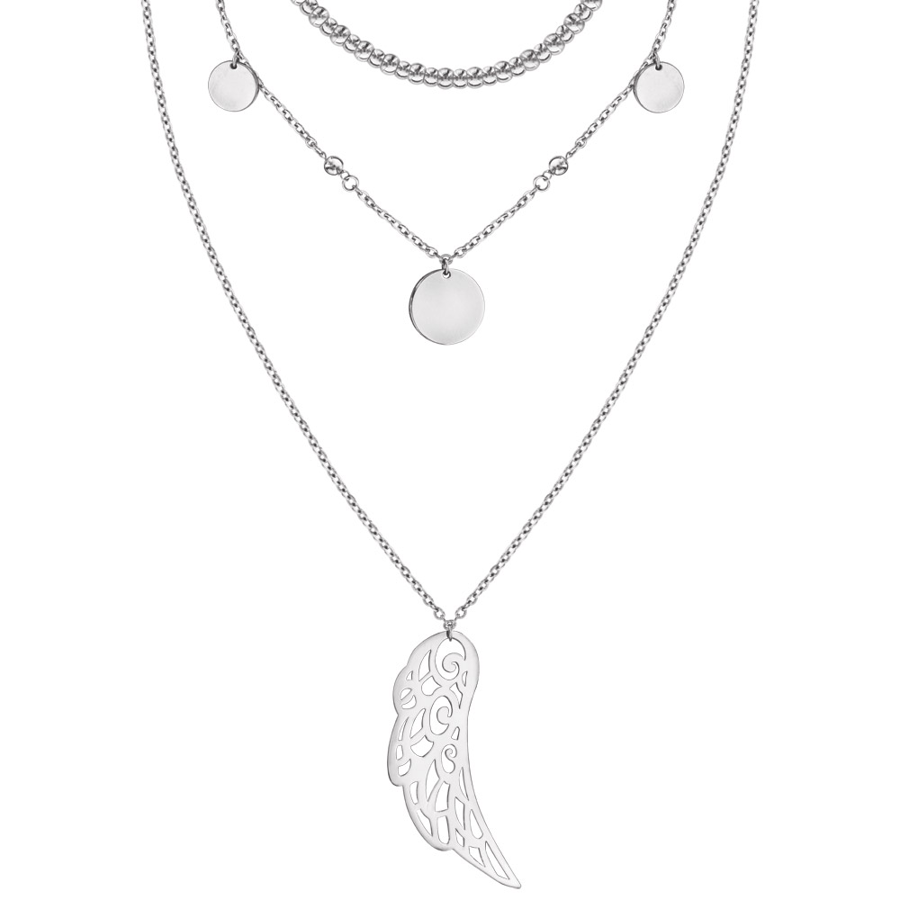Collier en acier 3 rangs boules 35cm et rondelles avec boules 55cm et aile d\'ange 75cm 41+5cm - Vue 1