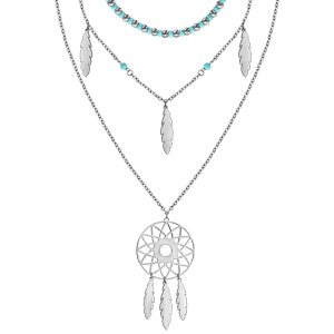 Collier en acier 3 rangs boules turquoises 35cm et plumes avec boules turquoises 55cm et attrape rêve 75cm 41+5cm - Vue 1