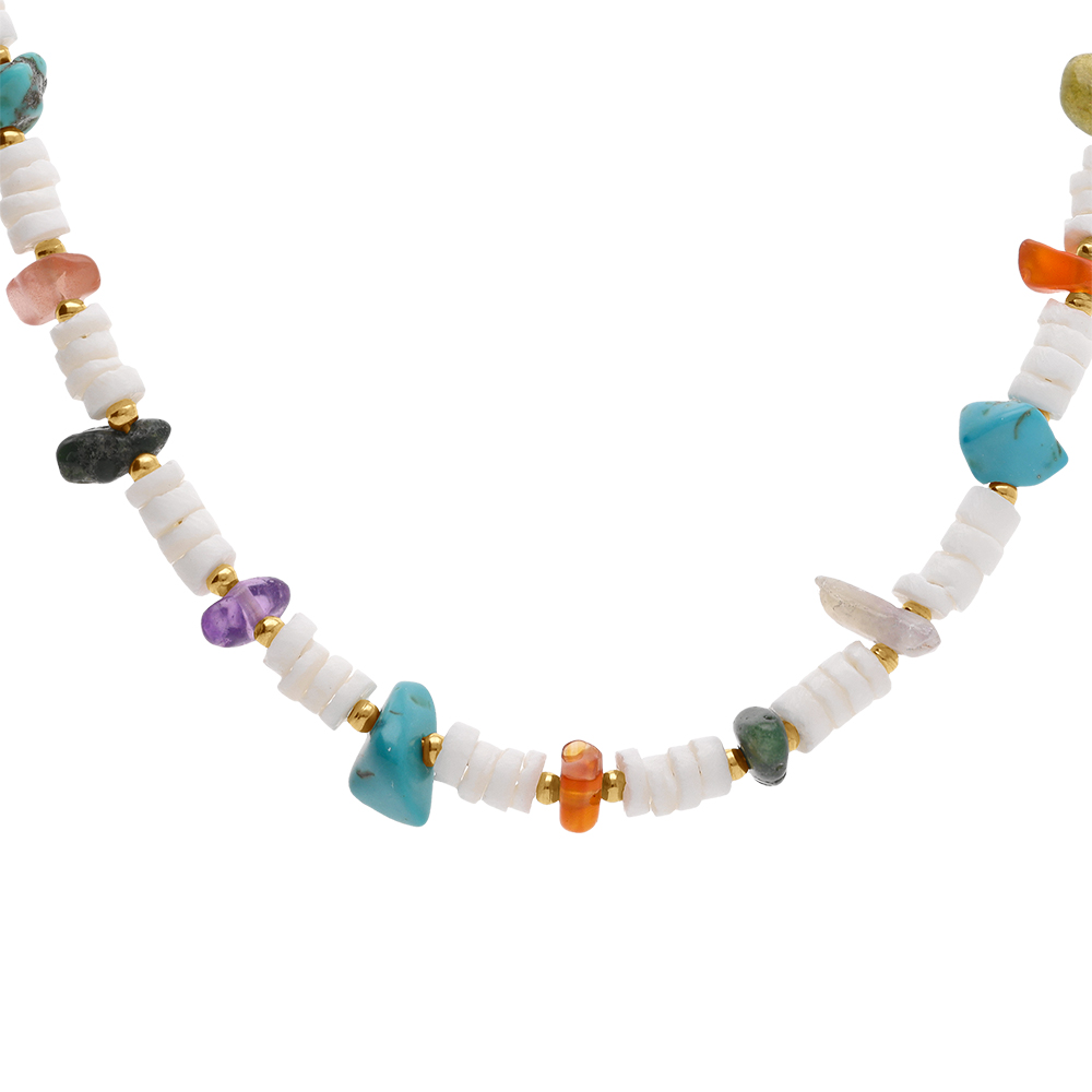 Collier en acier rondelles coquillage avec am�thyste, agate rouge, obsidienne et turquoise imitation 40+5cm - Vue 1