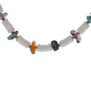 Collier en acier rondelles coquillage avec amthyste, agate rouge, obsidienne et turquoise imitation 40+5cm - Vue 1