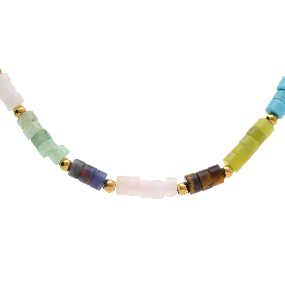 Collier en acier rondelles sodalite, olivine, quartz, oeil de tigre v�ritable et turquoise imitation 40+5cm - Vue 1