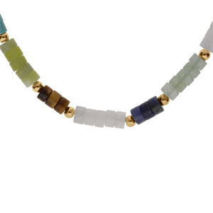 Collier en acier rondelles sodalite, olivine, quartz, oeil de tigre vritable et turquoise imitation 40+5cm - Vue 1