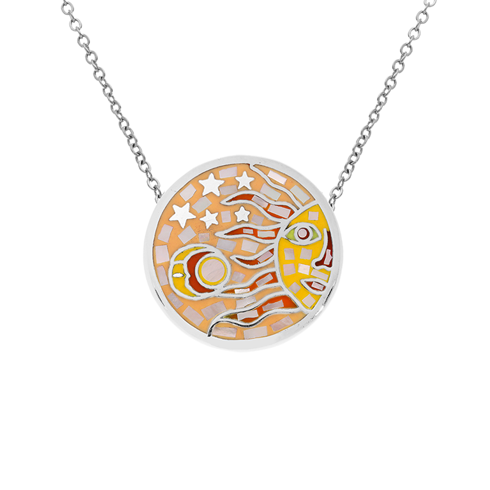 Collier en acier  Stella Mia en acier pendentif rond motif soleil jaune orang avec Nacre en 45cm +10cm - Vue 1