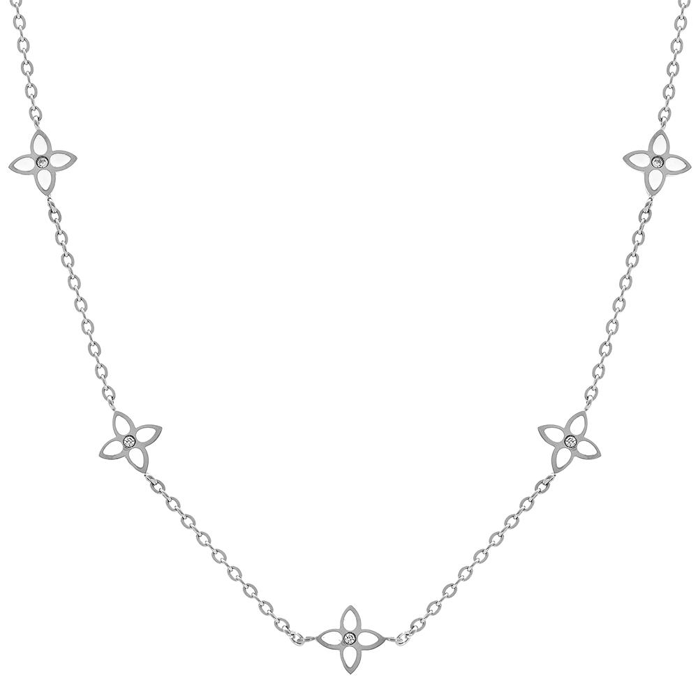 Collier en acier trois fleurs r�sine blanche, 40+5cm - Vue 1