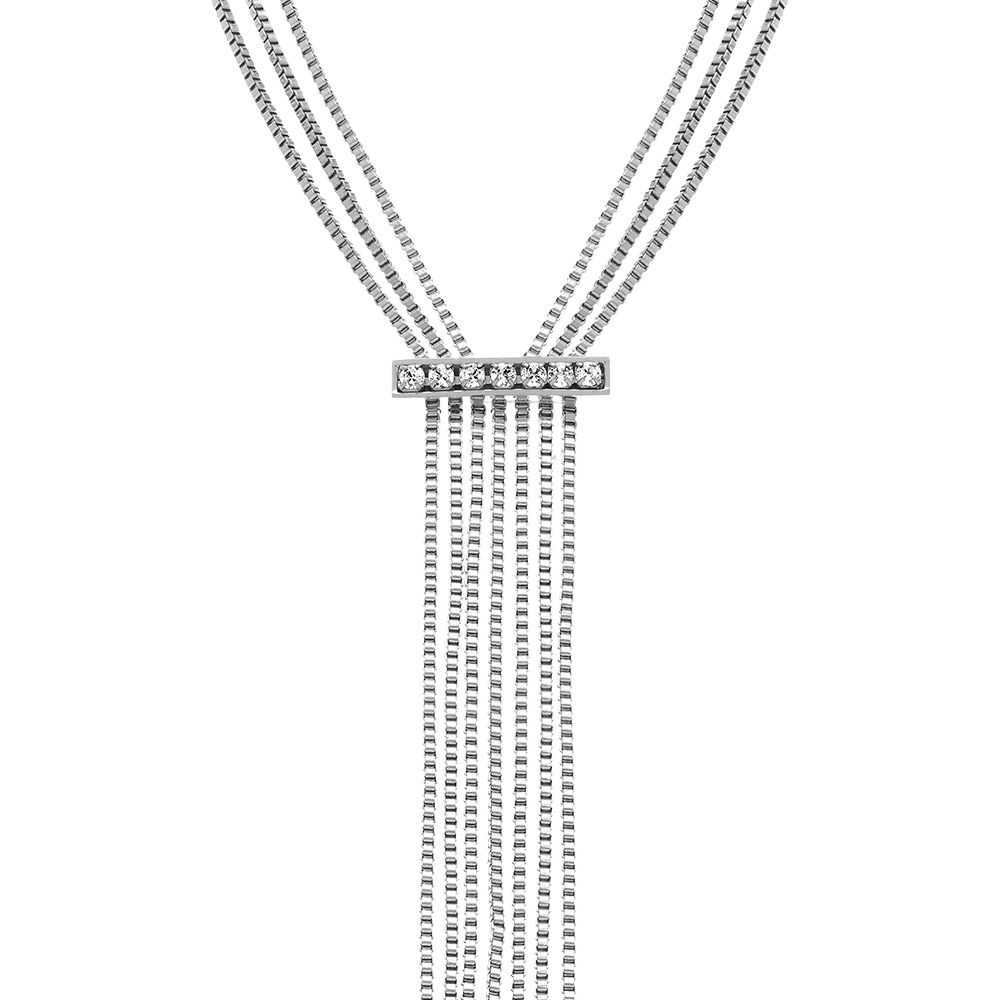 Collier en acier trois rangs avec barrette d\'oxydes blancs multi fils - 52+5cm - Vue 1