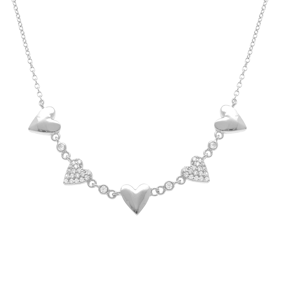 Collier en argent avec coeurs lisses et coeurs d\'oxydes blancs - 38+5cm - Vue 1