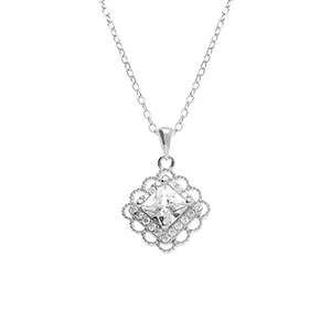 Collier en argent avec pendentif carr en oxyde blanc serti - 39+4cm