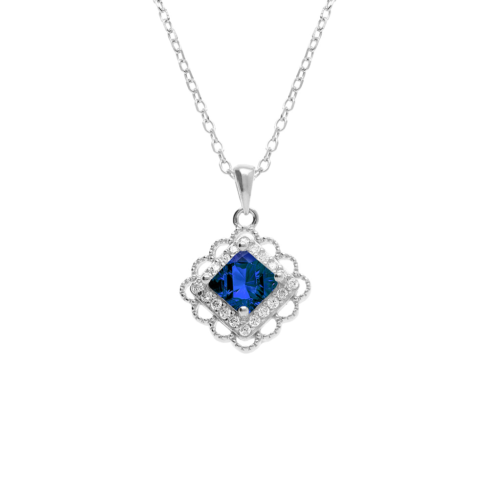 Collier en argent avec pendentif carr� oxyde bleu et halo d\'oxydes blancs sertis - 39+4cm - Vue 1