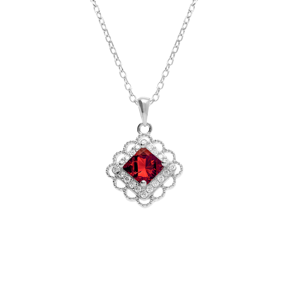Collier en argent avec pendentif carr� oxyde rouge et halo d\'oxydes blancs sertis - 39+4cm - Vue 1
