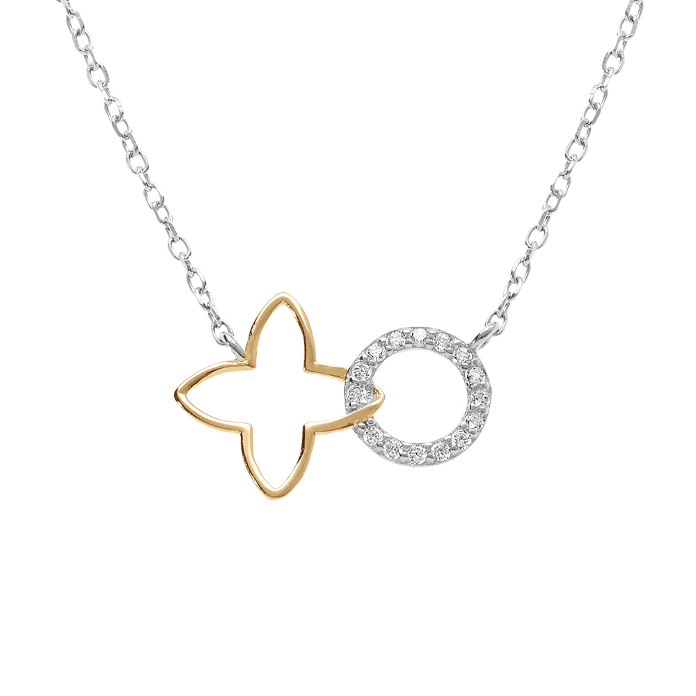 Collier en argent bicolore fleur decoup�e lisse et cercle avec oxydes blancs sertis - 40+4cm - Vue 1