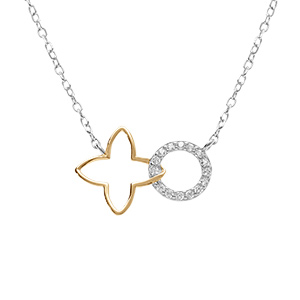 Collier en argent bicolore fleur decoup�e lisse et cercle avec oxydes blancs sertis - 40+4cm