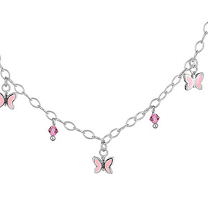 Collier en argent chaîne avec pampilles papillons et oxydes roses - longueur 32cm + 4cm de rallonge - Vue 1
