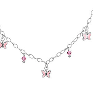 Collier en argent chane avec pampilles papillons et oxydes roses - longueur 32cm + 4cm de rallonge - Vue 1