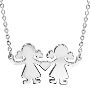 Collier en argent chane avec pendentif 2 petites filles relies par un coeur au milieu possibilit de gravure- longueur 40cm + 4cm de rallonge - Vue 1