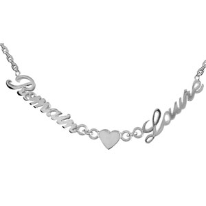 Collier en argent chane maille forat avec dcoupe anglaise 2 prnoms spars par un coeur - longueur 40cm + 3cm de rallonge - Vue 1