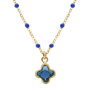 Collier en argent dor� avec boules en r�sine bleue et pendentif tr�fle en cristal bleu fonc� - 40+5cm