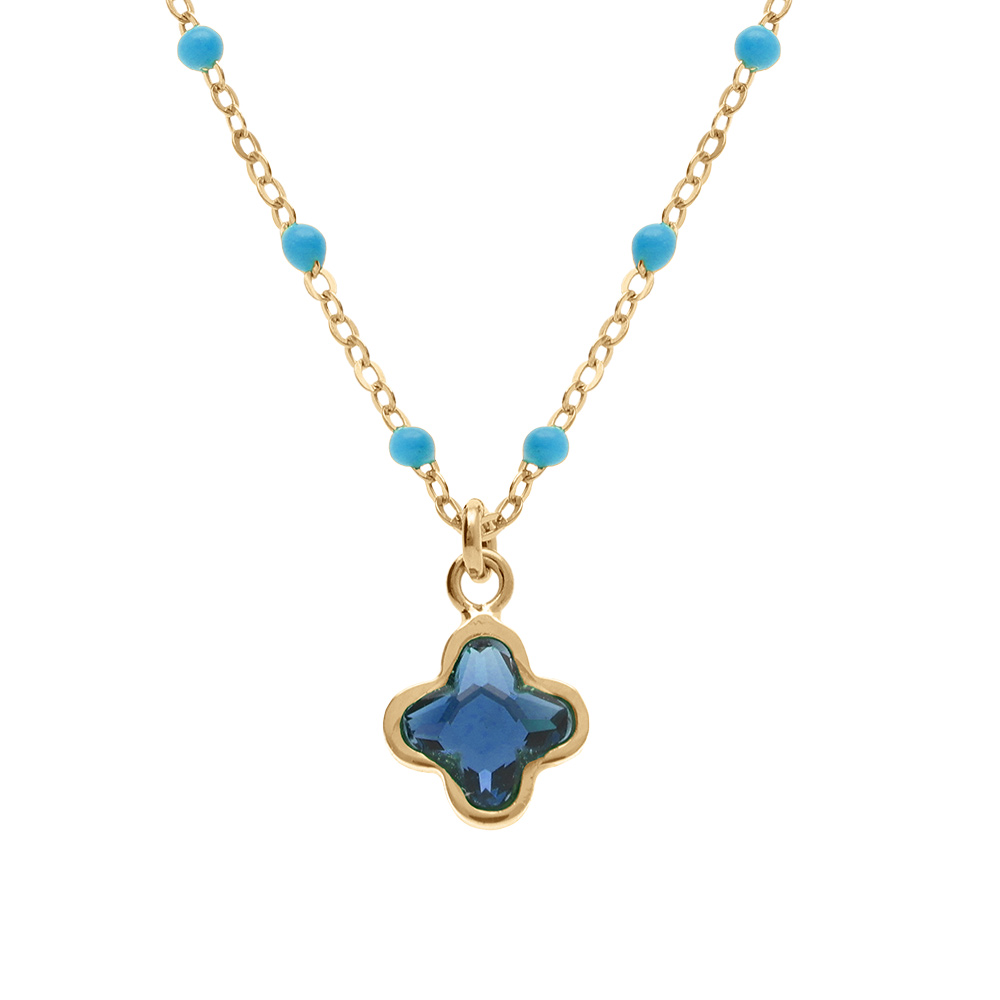 Collier en argent dor� avec boules en r�sine turquoise et pendentif tr�fle en cristal bleu fonc� - 40+5cm - Vue 1