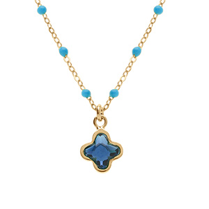 Collier en argent dor� avec boules en r�sine turquoise et pendentif tr�fle en cristal bleu fonc� - 40+5cm