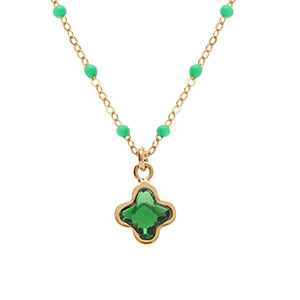 Collier en argent dor� avec boules en r�sine verte et pendentif tr�fle en cristal vert - 40+5cm