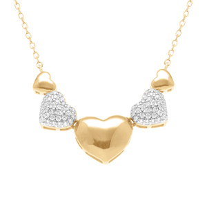 Collier en argent doré avec coeurs bombés lisses et oxydes blancs sertis - 38+5cm - Vue 1