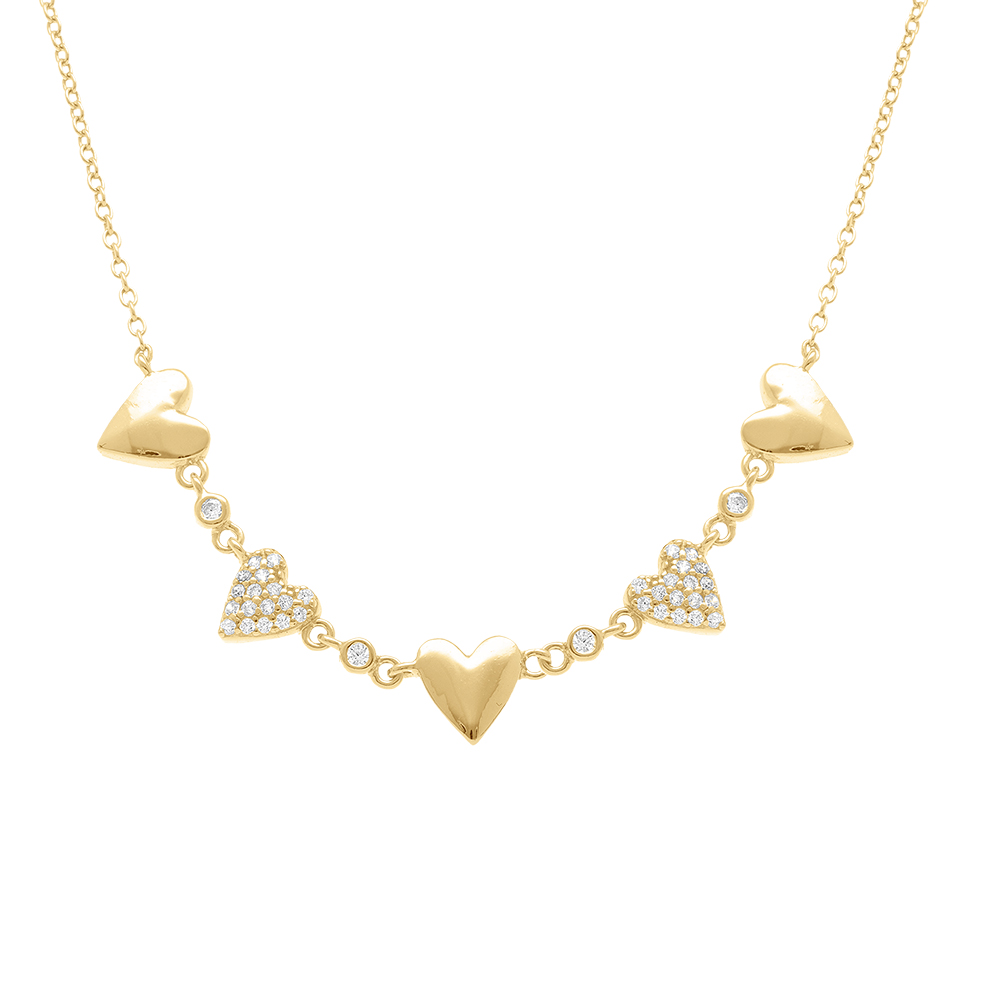 Collier en argent dor� avec coeurs lisses et coeurs d\'oxydes blancs - 38+5cm - Vue 1