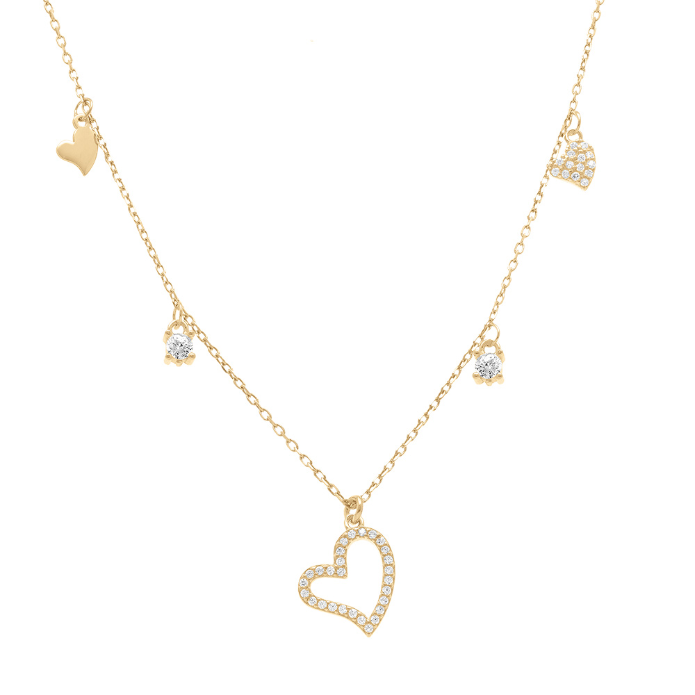 Collier en argent dor� avec multi coeurs lisses et oxydes blancs sertis - 40+5cm - Vue 1