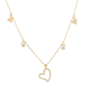 Collier en argent dor� avec multi coeurs lisses et oxydes blancs sertis - 40+5cm