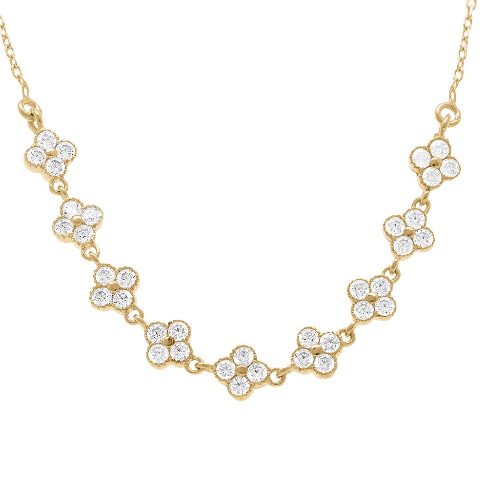 Collier en argent dor� avec multi fleurs orn�es d\'oxydes blancs sertis - 40+5cm - Vue 1