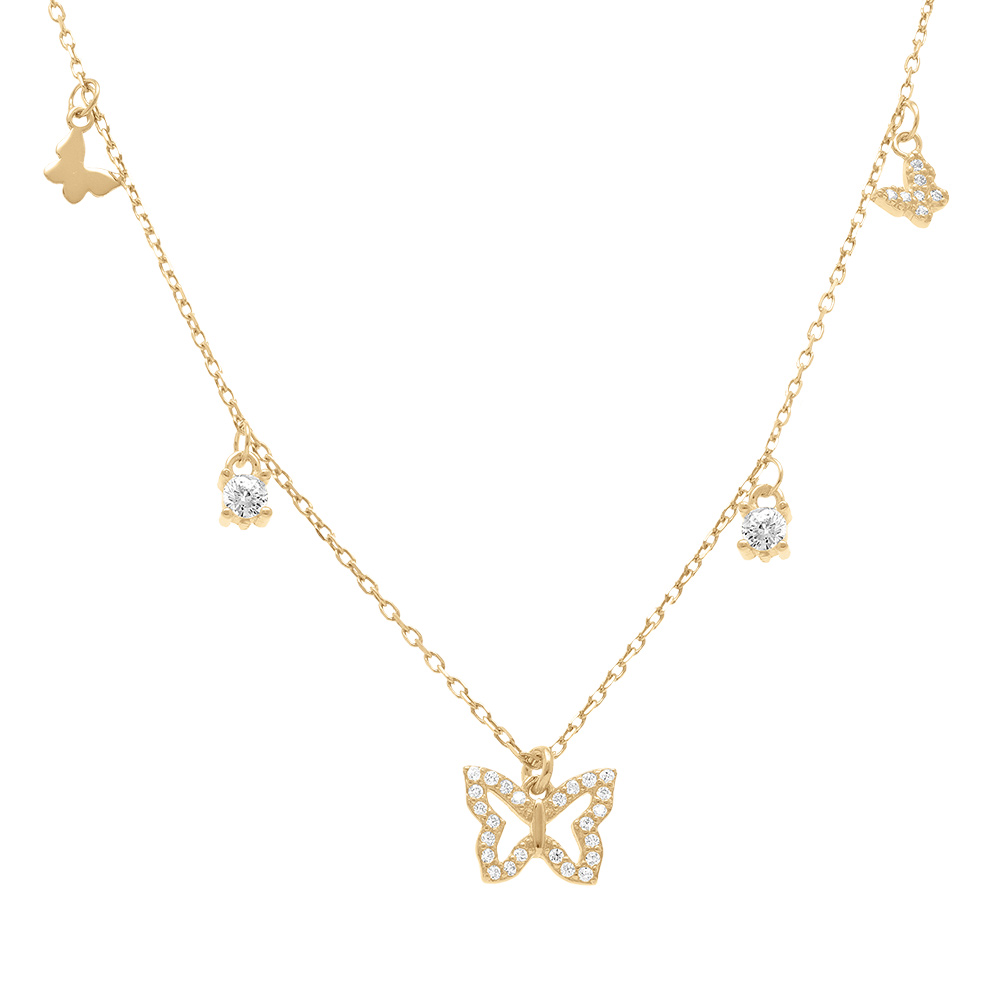 Collier en argent dor� avec pampilles papillons et oxydes blancs sertis - 40+5cm - Vue 1