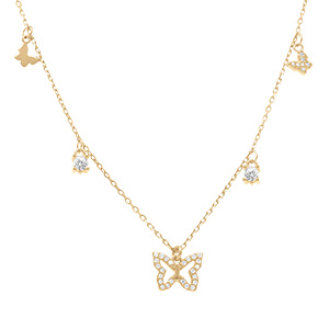 Collier en argent dor� avec pampilles papillons et oxydes blancs sertis - 40+5cm